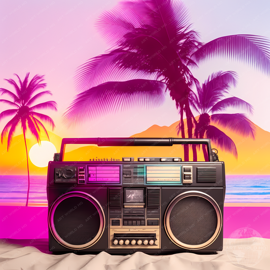 Retrowave Ghettoblaster on a Tropical Beach