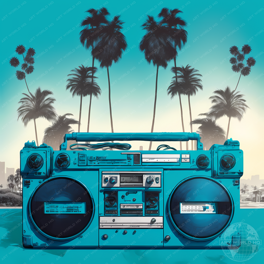 Retrowave Ghettoblaster on a Tropical Beach - Cyan Palette