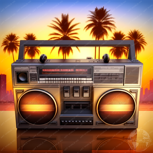 80's Retrowave Ghettoblaster with Dusk City and Palm Scape