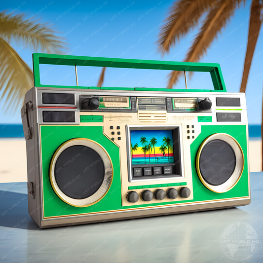 Green 80's Ghettoblaster TV on Tropical Beach