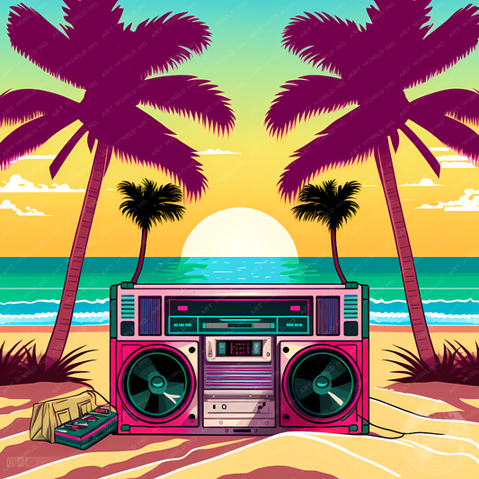 Illustrated Ghettoblaster on Tropical Beach