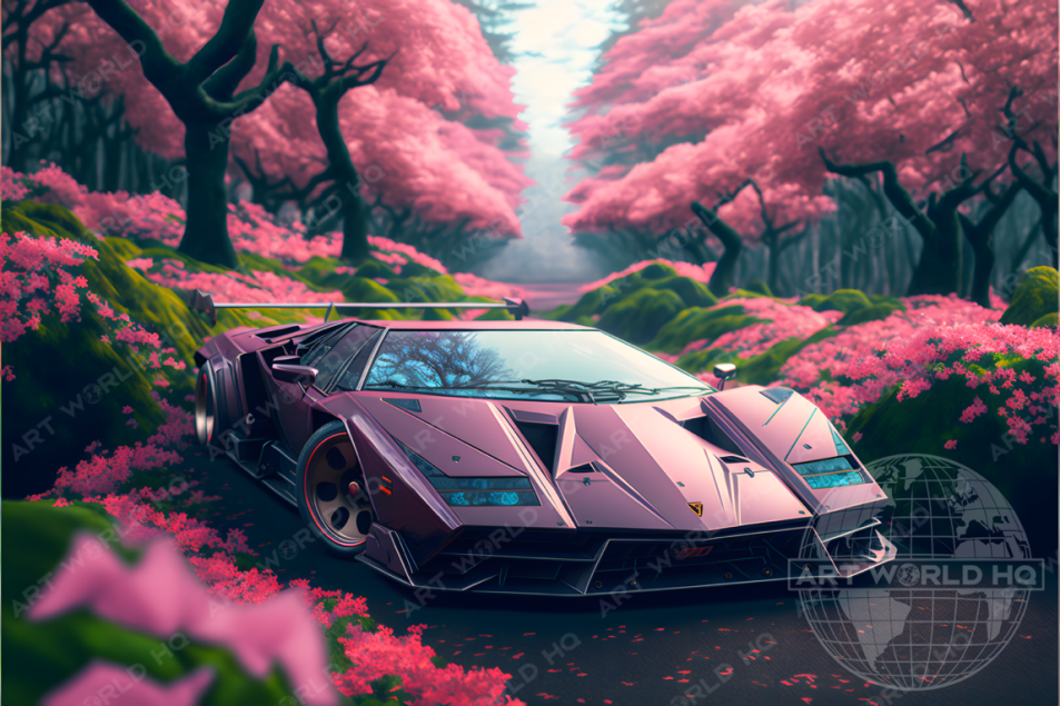 Pink Lamborghini Countach and Cherry Blossoms