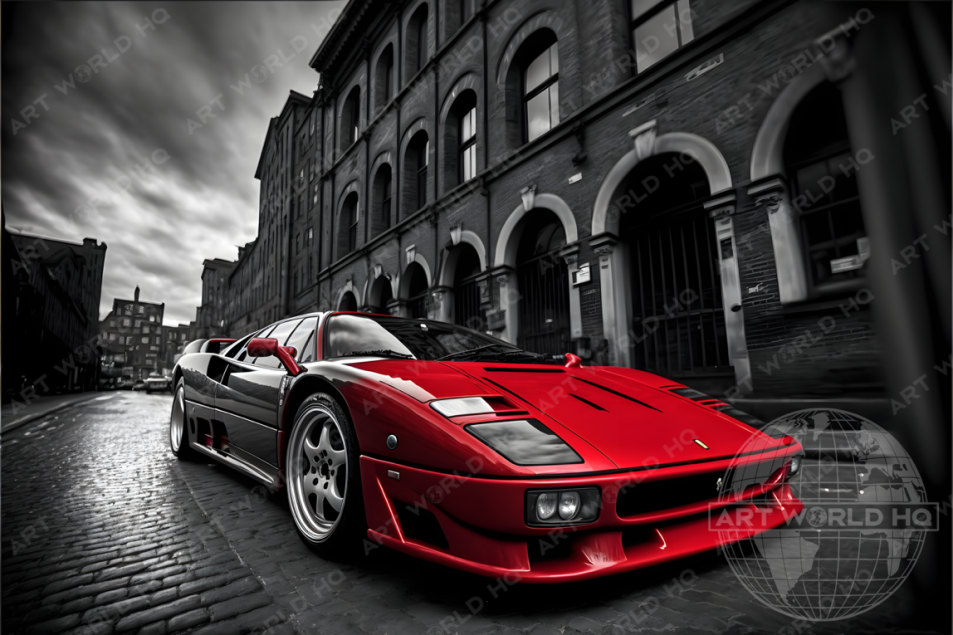 Red Ferrari F40 in Black and White Photo