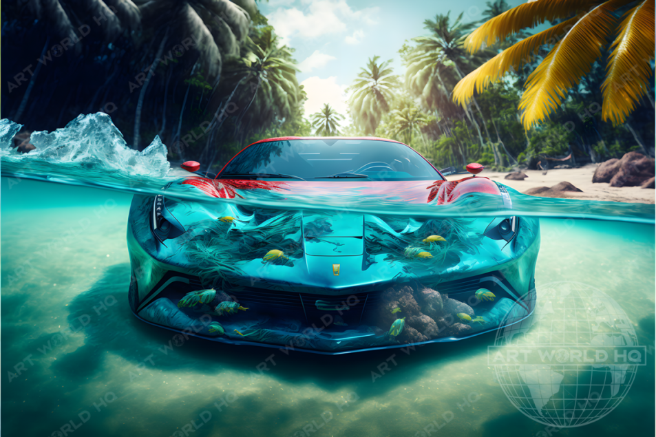 Artistic Photo of Half-Submerged Ferrari on Tropical Island